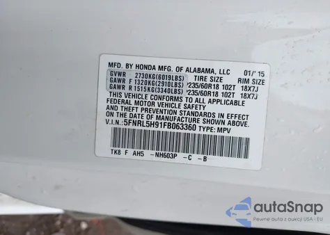 2015 Honda Odyssey Touring/Touring Elite from USA, damaged, VIN 5FNRL5H91FB063360